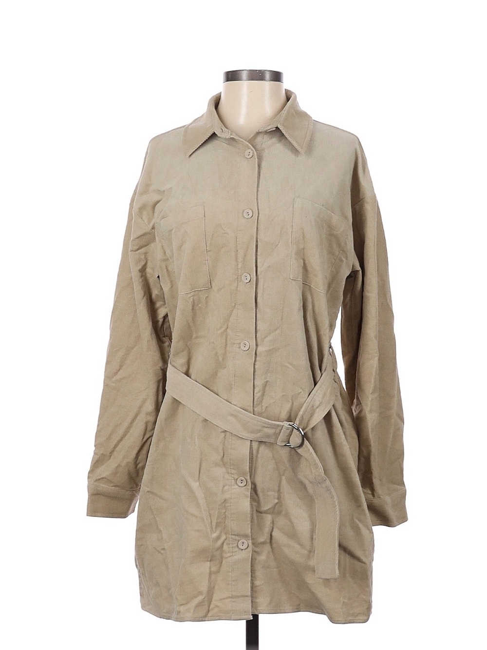Casual Beige Mini Shirt Dress with Self Belt
